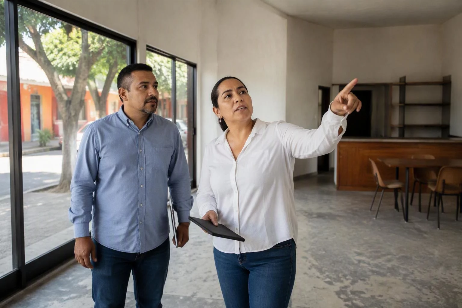 Valuador y propietario recorriendo un local en planta baja con ventanales a la calle