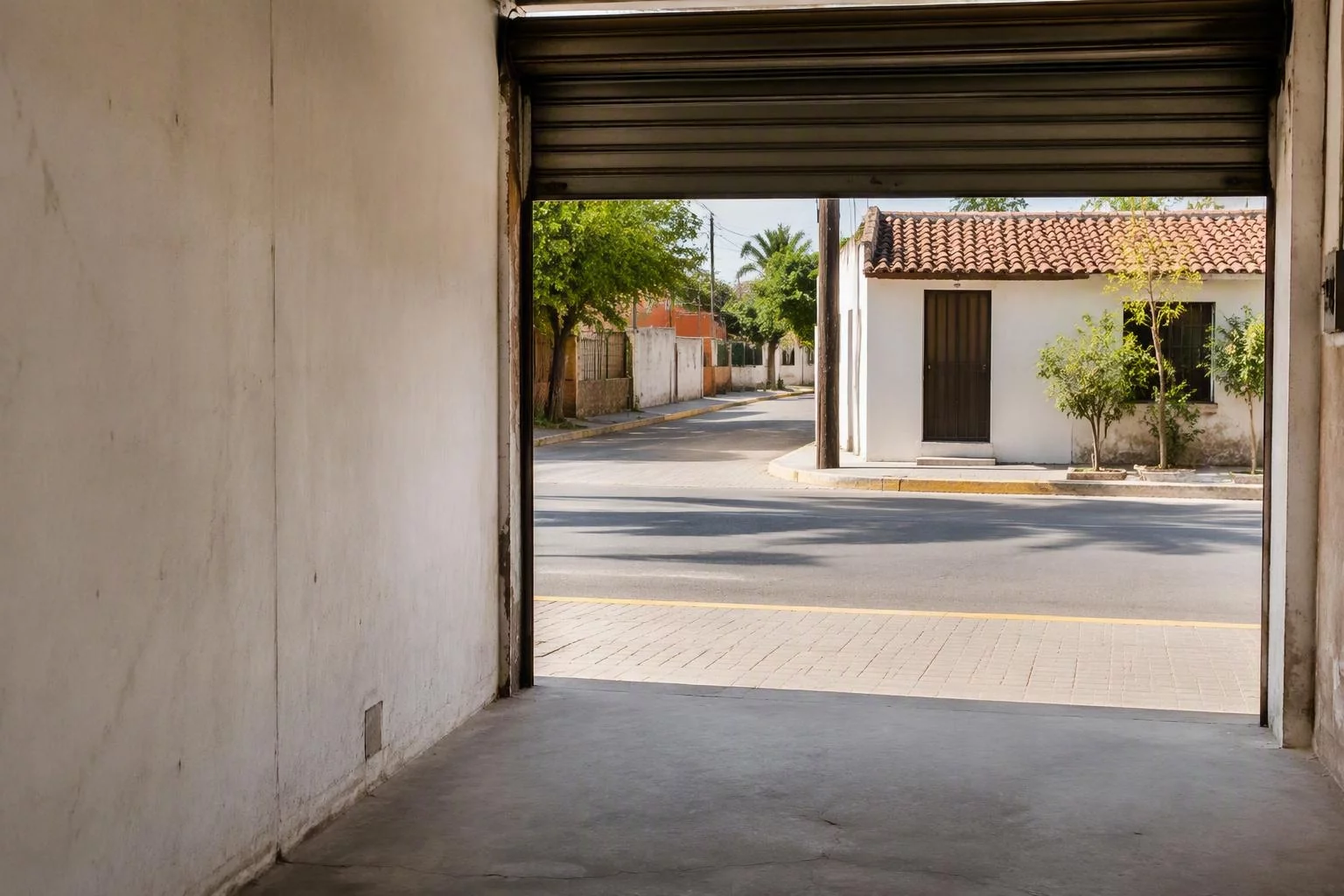 Local comercial vacío con cortina metálica a medio abrir hacia la calle